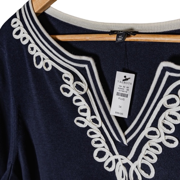 NWT: Talbots Women's Embellished Split-Neck Sweater; Navy Blue; Plus Size 1X - Picture 9 of 12